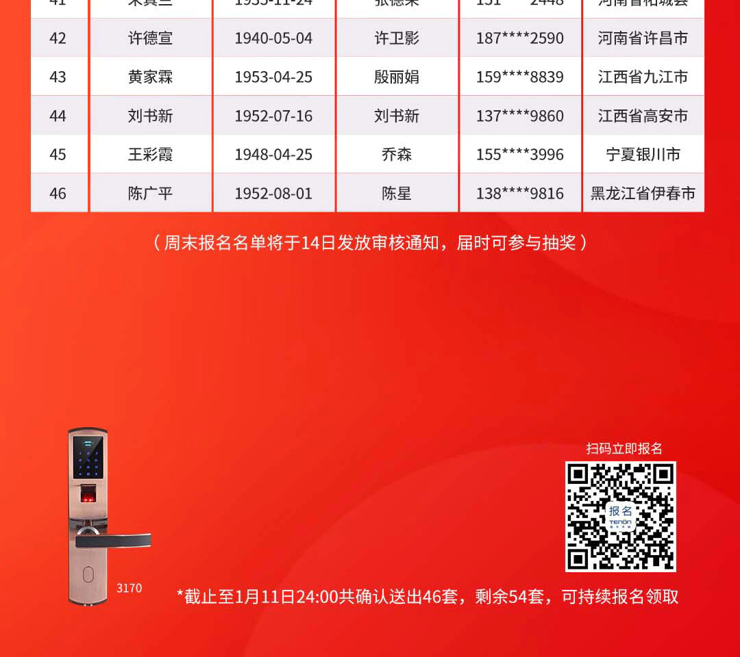 亚太天能新春送指纹锁活动1月11日赠送名单公示